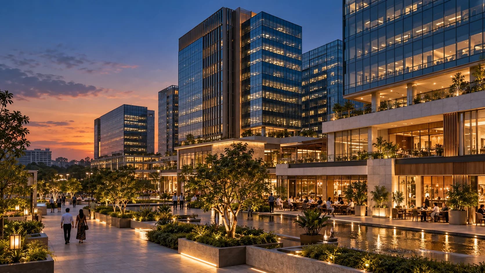 A contemporary commercial district with illuminated offices and a welcoming retail promenade