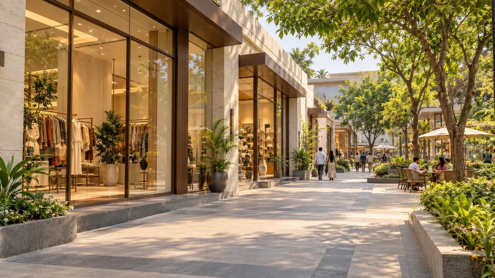 An inviting modern retail property with landscaped public space